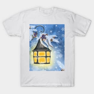 Vintage streetlamp watercolor illustration. Winter fairy background. Christmas fantasy illustration.  Night magic scenery T-Shirt